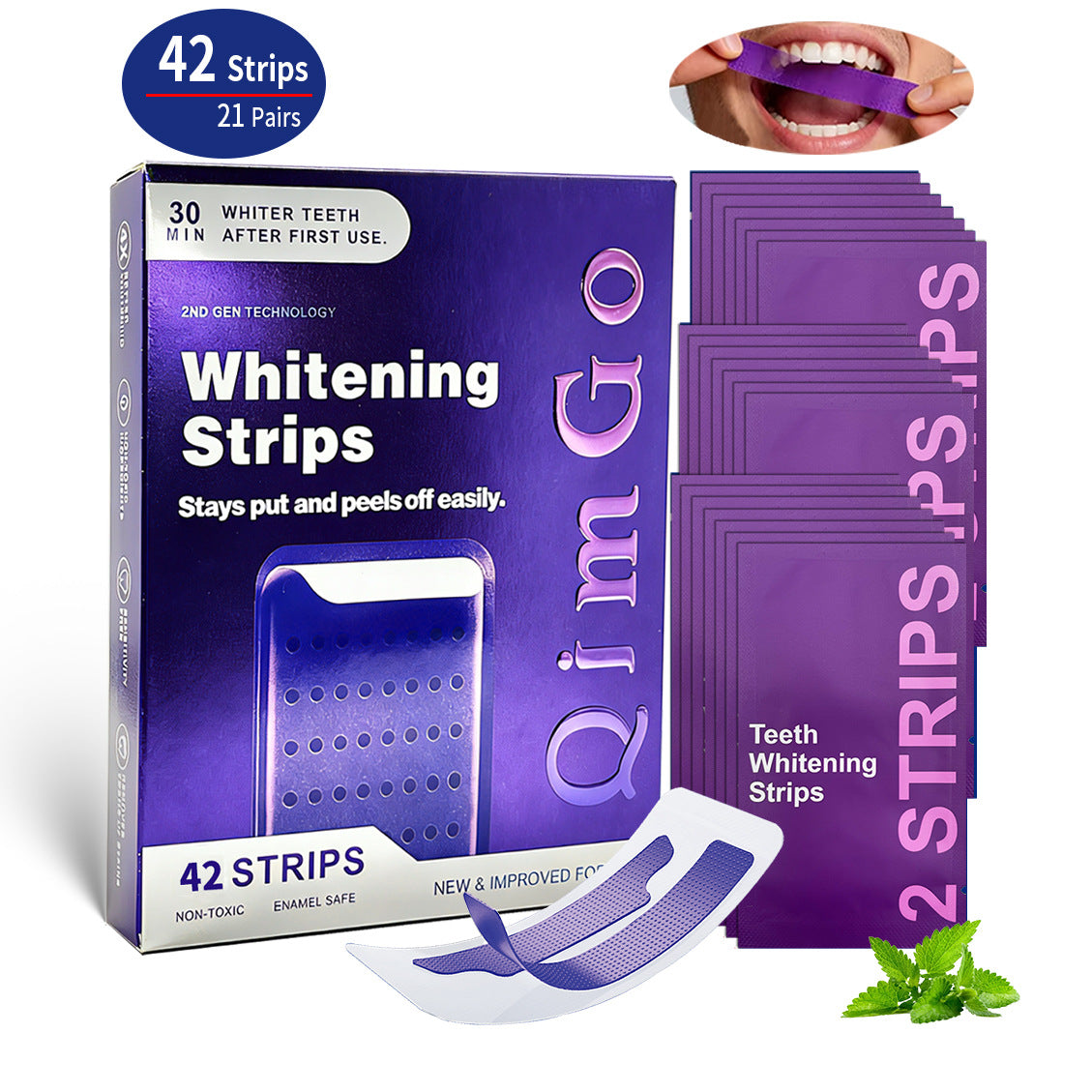 QimGo Purple Teeth Whitening Strips - 42/21 and 14/7 Whitening Sessions - Safe for Enamel - Non Sensitive Teeth Whitening - Peroxide-Free